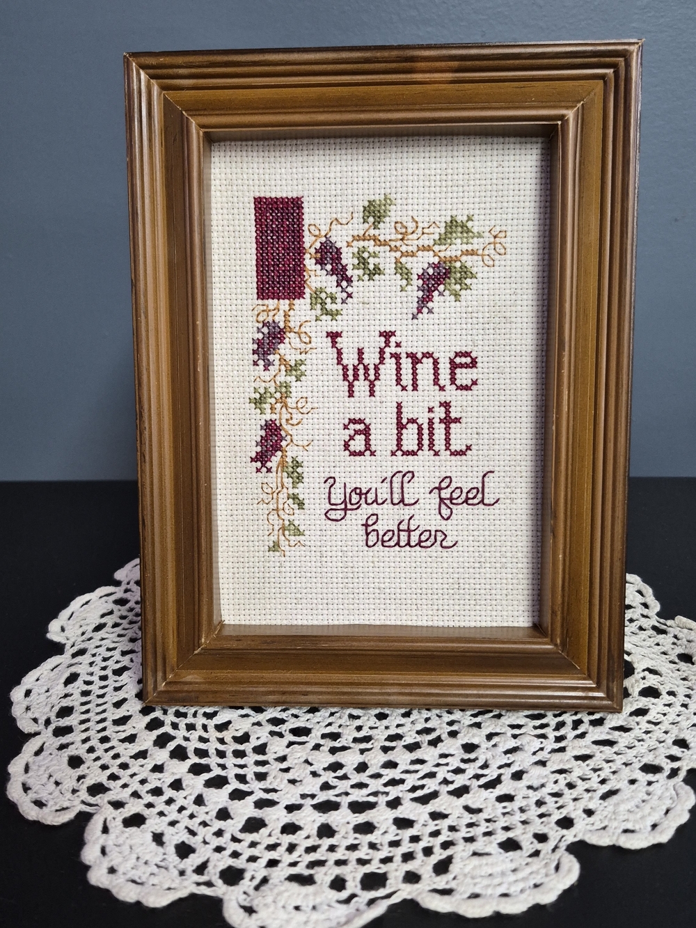 Wine A Bit Cross-Stitch Wall Art - Burgundy and Green